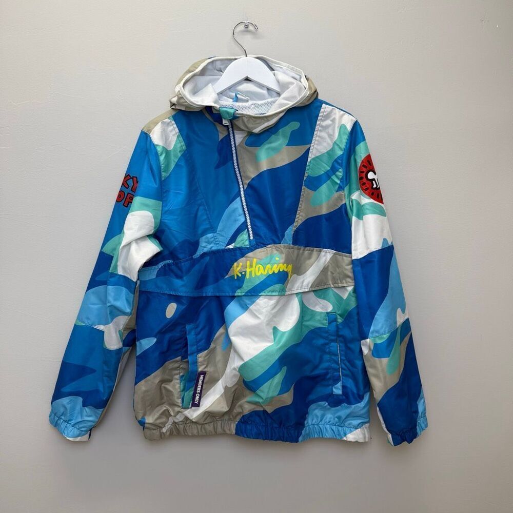Keith Haring x Members Only 1/4 ZIP Hooded Windbreaker jacket Tokyo Pop Camo
